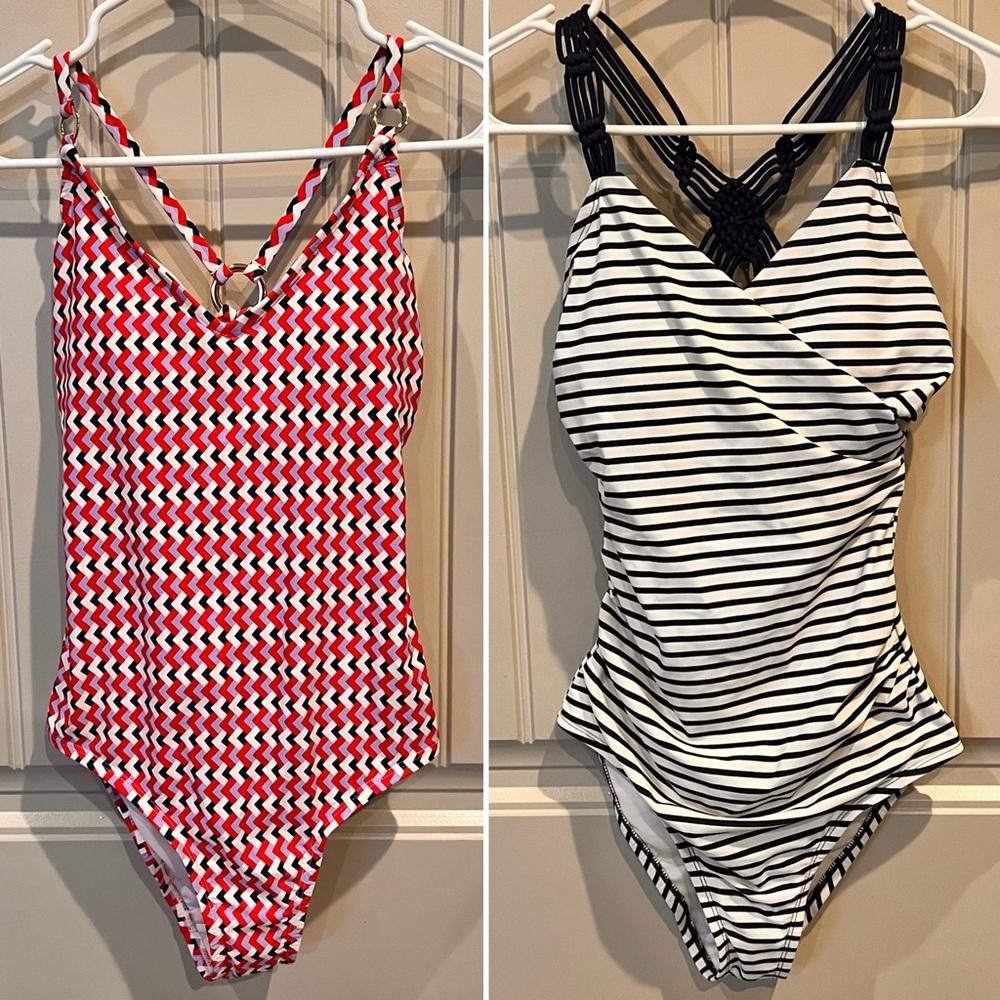 2 - Kona Sol’s 1 Piece Swimsuits Macrame Strap Navy Blue Stripe & Red Striped
